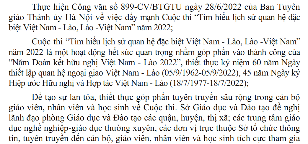 Công văn về việc tham gia cuộc thi: "Tìm hiểu lịch sử quan hệ đặc biệt Việt Nam - Lào, Lào - Việt Nam" năm 2022